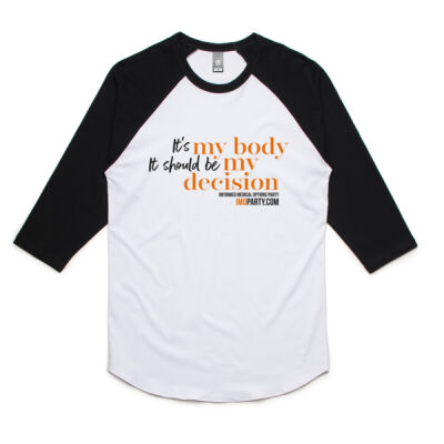 "My Body My Decision" on white, long black sleeve - Front Thumbnail
